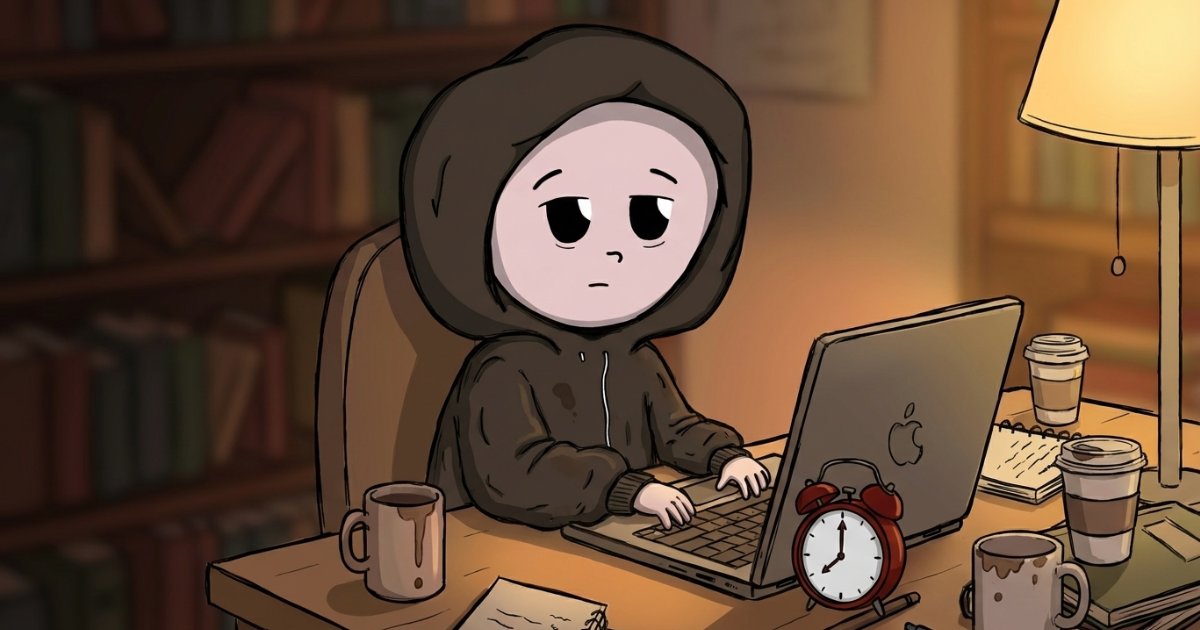 Tired Moodz character writing a blog