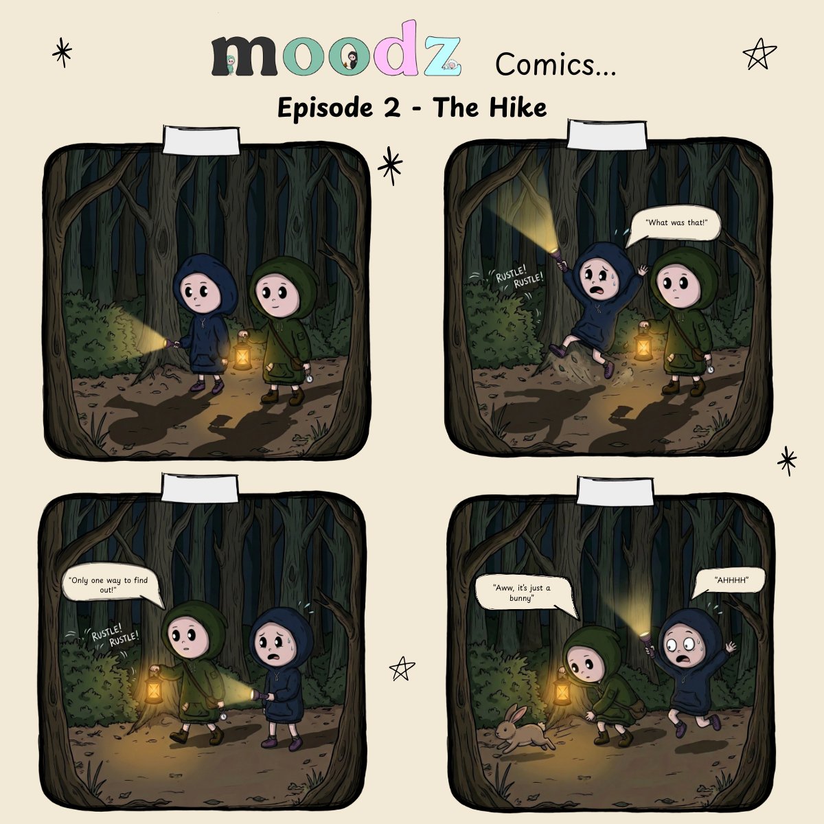 Moodz Comics Episode 2 — Adventure and Fear hear a rustle in the bushes. Fear panics. Adventure says only one way to find out. It turns out to be a bunny. Fear screams anyway.