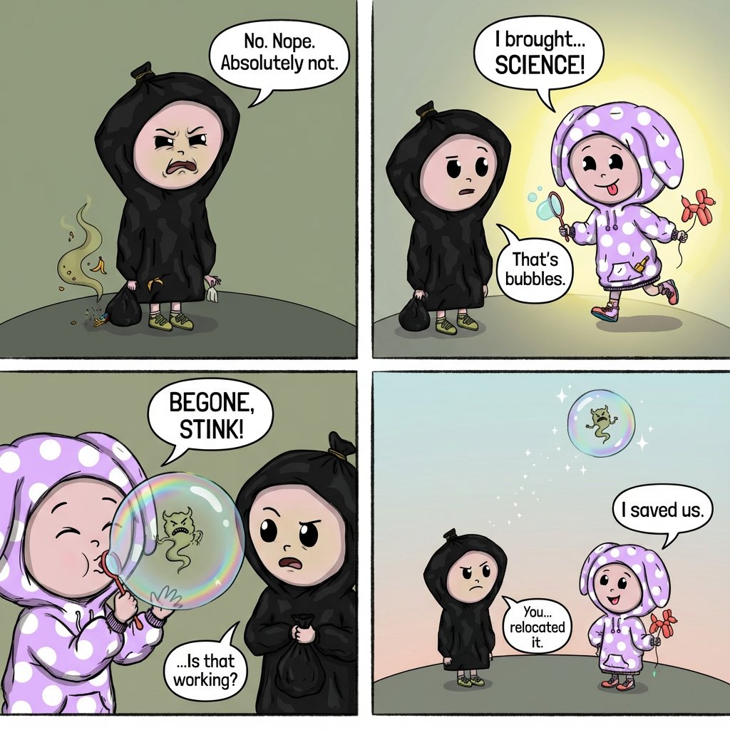 Moodz comic — Disgust finds a stink, Silly traps it in a bubble and declares I saved us