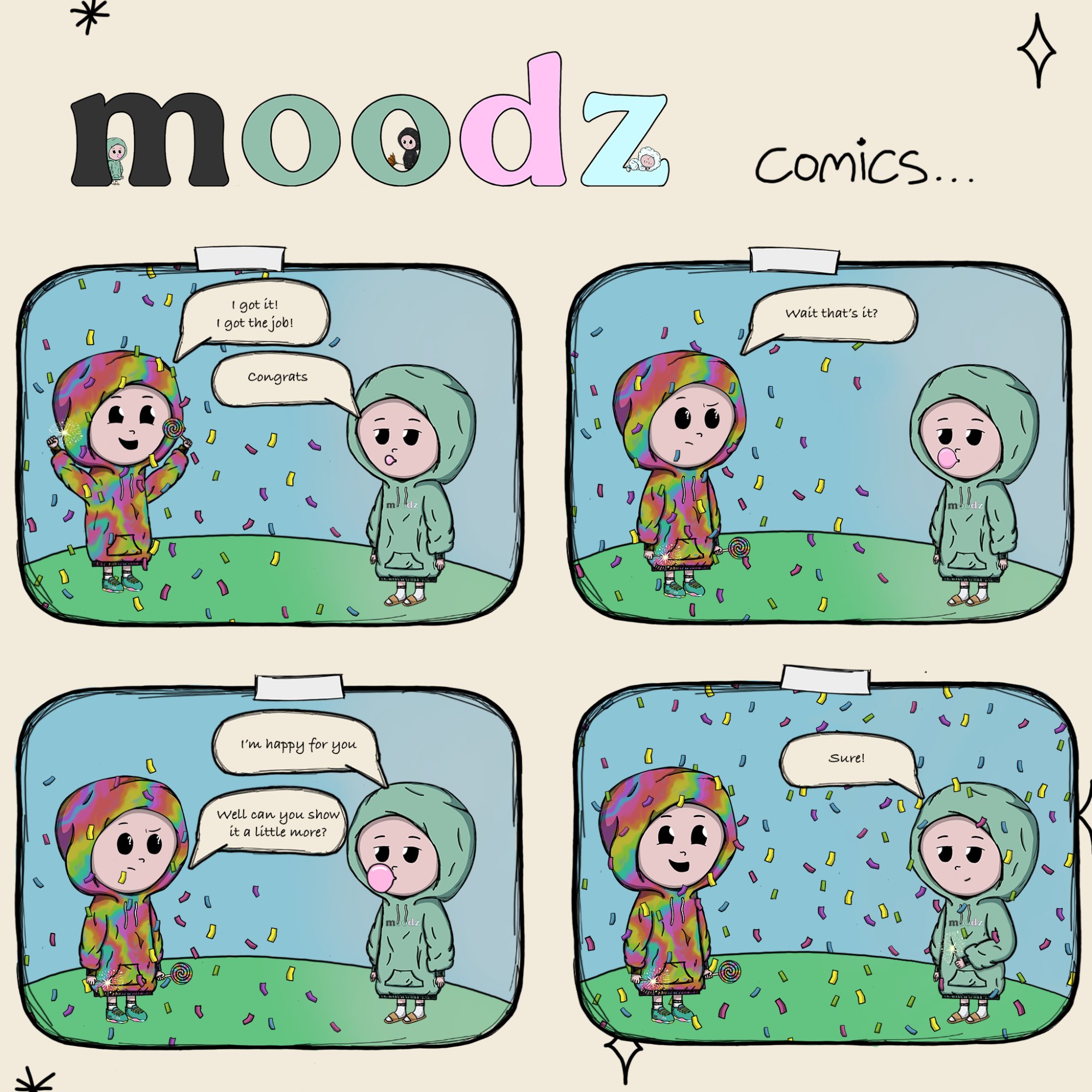 Moodz comic — Excited celebrates getting a job with confetti, Chill responds with a quiet Congrats and a bubblegum pop