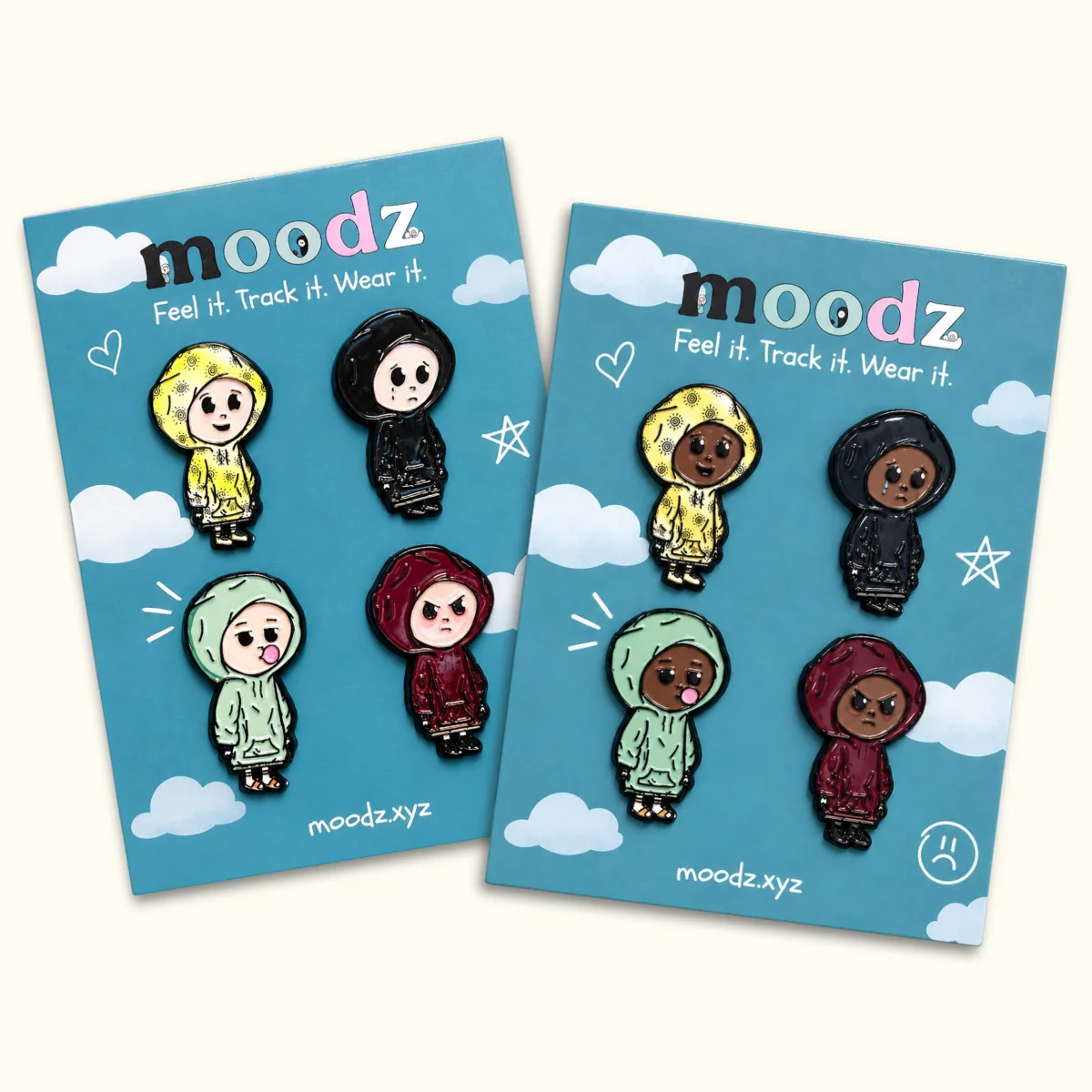 Both Moodz pin 4-packs side by side